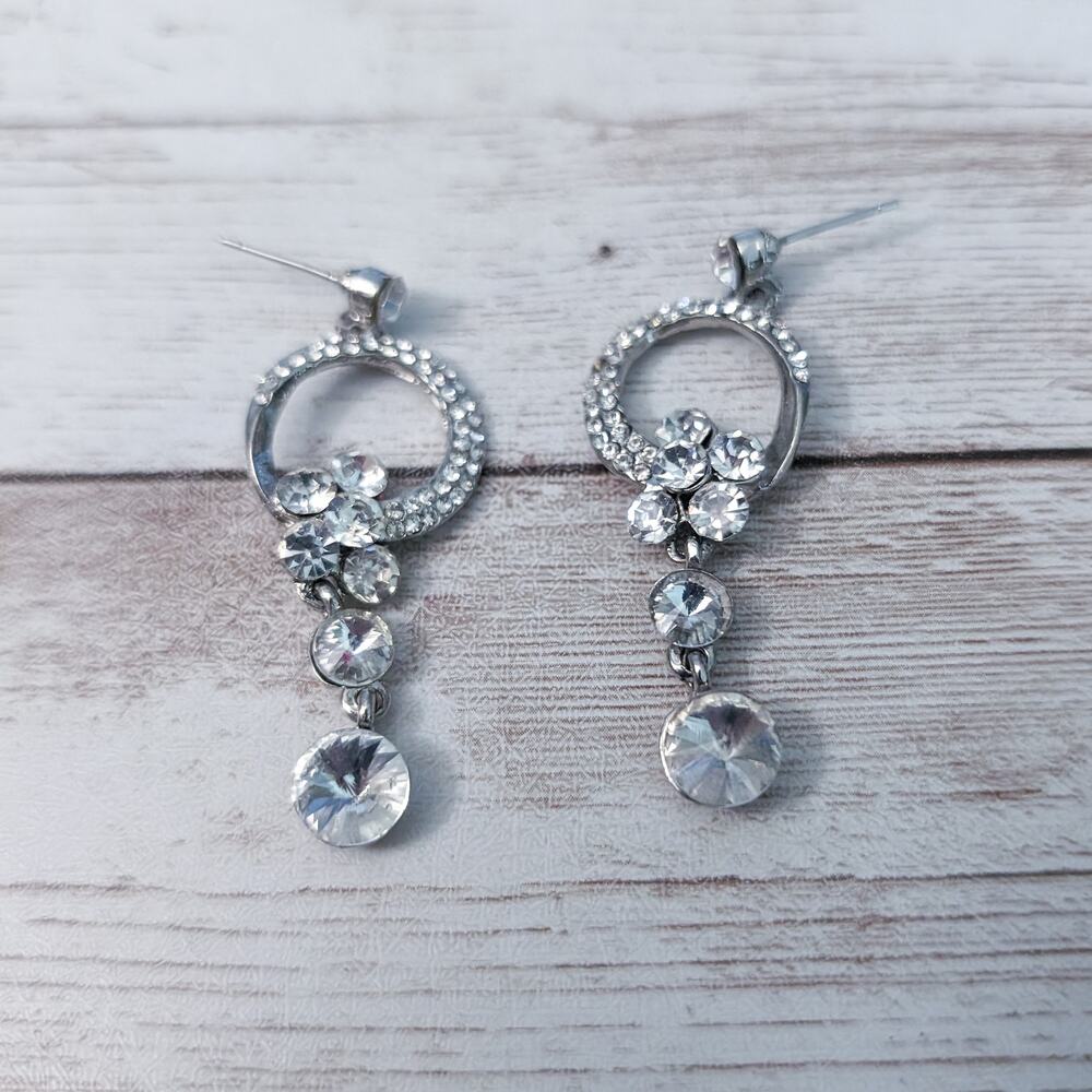 Earrings for Pierced Ears Clear Gem & Silver Tone Dangle